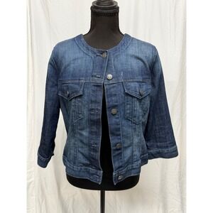 Vintage Chic Classic Old Navy Dark Wash Denim Collarless 3/4 Sleeve Jacket L